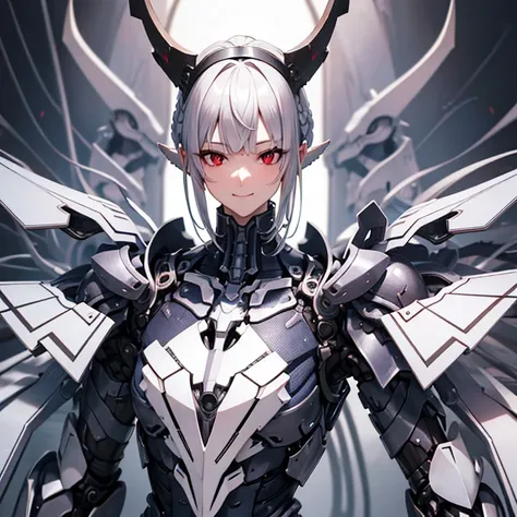 chest, High resolution, Gaze, smile, Shortcuts, bangs, Red eyes, Headpiece, 目の間のbangs, Headband, Horns of the beast, Multiview, Decorative art, masterpiece, accurate, Anatomically correct, 最high quality, High resolution, High detail, High-resolution model,...