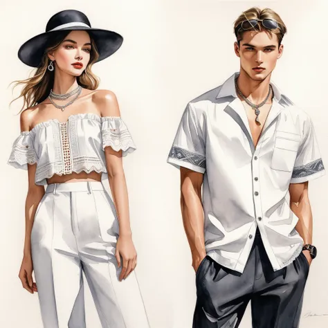 candid fashion illustration of young man and woman, both aged 23 year old, tall and slender, super model, ((showcase fashion in ...