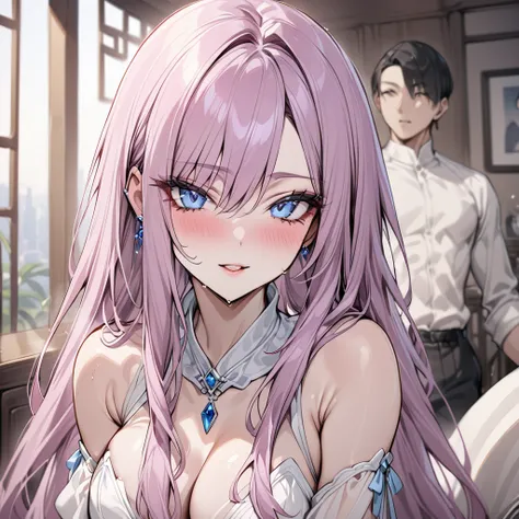 ((Highest quality)), ((masterpiece)), (detailed), （Perfect Face）、The woman is Lacus Clyne, who is married to a Chinese man, and is an ordinary Chinese woman with blue eyes, pink, medium-long hair, and an engagement ring.