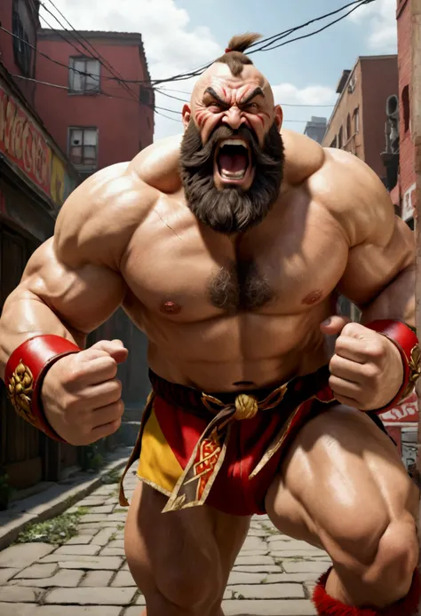 (best quality,4k,8k,highres,masterpiece:1.2),ultra-detailed,(realistic,photorealistic,photo-realistic:1.37),street fighter 2 zangief,zangief character,muscular russian wrestler,victory pose,laughing expression,low angle view,dynamic motion,detailed facial ...