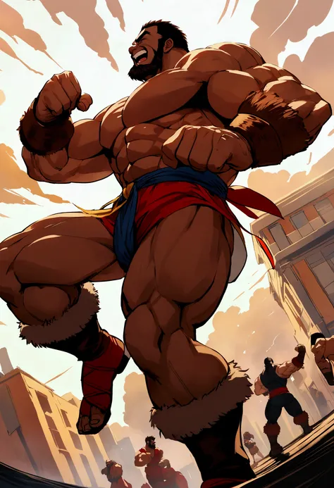 Street fighter 2 Zangief, doing his victory moves while laughing, viewed from a low angle