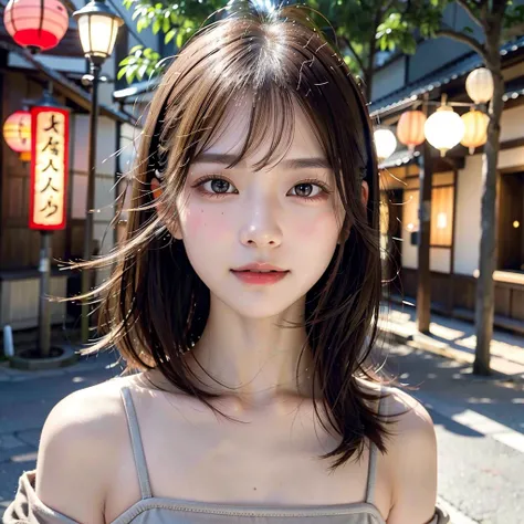 a beautiful 18-year-old girl,beautiful detailed eyes,beautiful detailed lips,extremely detailed eyes and face,longeyelashes,standing in a scenic alley of Kyoto,Japan,natural makeup look,flowing brown hair dancing in the wind,warm smile,ultra-realistic skin...