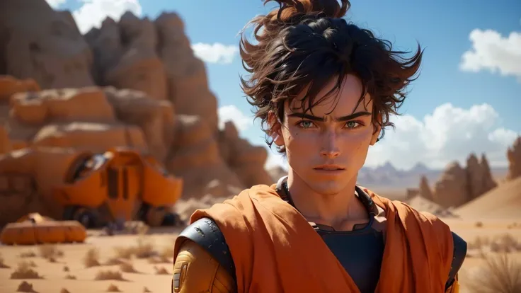 a close up of a person with a hairdo in a desert, in the 2 0 2 1 movie dune, movie still of robot goku, film still from movie dune-2021, goku in real life, human goku, film still from dune 2020, son goku, photorealistic human goku, goku from dragon ball, t...