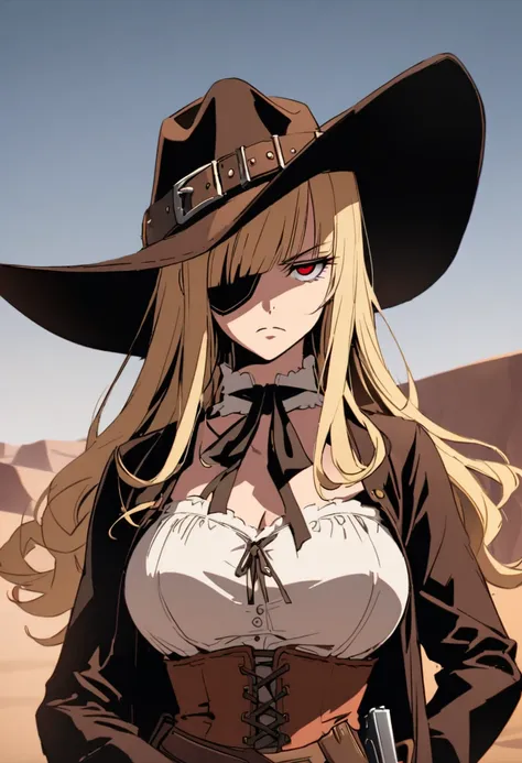 Mature woman, perfect eyes, long blondie hair, straight bangs down, red eyes, waved hair, straight and narrow eyes, eye patch, gunslinger, ((outlaw hat)), (period clothing), in the desert, holster, desert eagle, old west, serious woman, corselet, beautiful...