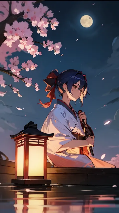 Rurouni Kenshin、Kaoru Kamiya、Blue kimono、One shoulder is bare、night、moon、cherry blossoms、Realistic、rain、Kyoto、shrine、少女は悲しげにmoonを見上げている