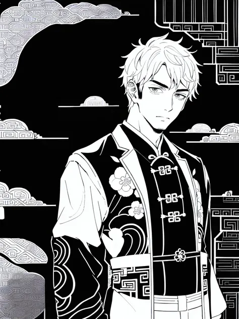 (((monochrome illustration with concentrated lines)))、(((young handsome man with shocked face))),(((chinese style clothing)),