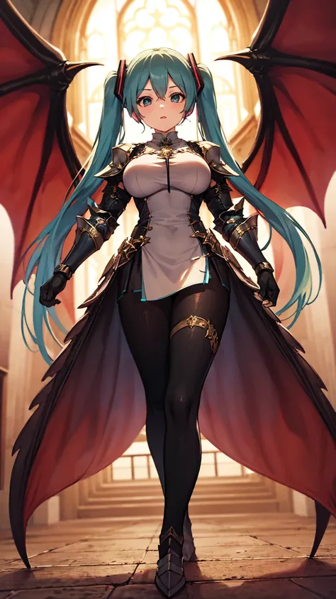 Masterpiece, Top Quality, 8K Hatsune Miku VOCALOID, 1Woman, Big Breasts, Equipped with a Cloak, ((Dragon Armor)), {{Full Armor}}, {{Knight Armor}}, Black Tights, Church