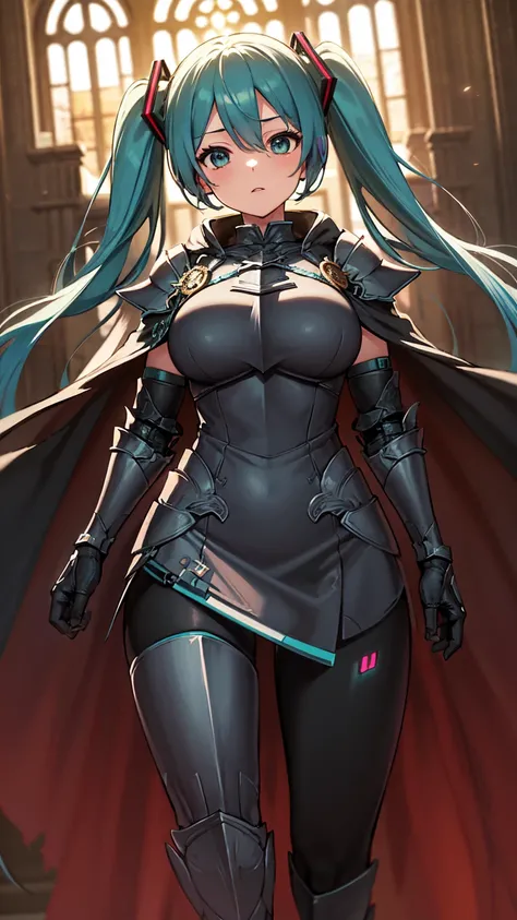 Masterpiece, Top Quality, 8K Hatsune Miku VOCALOID, 1Woman, Big Breasts, Equipped with a Cloak, ((Dragon Armor)), {{Full Armor}}, {{Knight Armor}}, Black Tights, Church