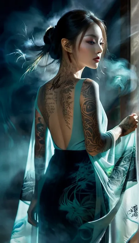 Double exposure style,Volumetric Lighting,A girl (Supermodel) Wear with wrap top,Arching her back, Beautiful tattoos, Traditional clothing,Artistic calligraphy and ink,light depth,Dramatic atmospheric lighting,Volumetric Lighting,Ghosting effect,Image comb...