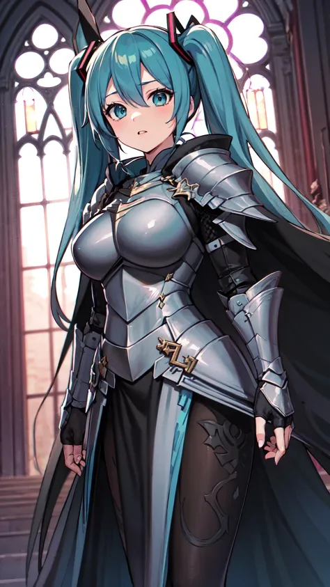 Masterpiece, Top Quality, 8K Hatsune Miku VOCALOID, 1Woman, Big Breasts, Equipped with a Cloak, ((Dragon Armor)), {{Full Armor}}, ((Knight Armor)), Black Tights, Church