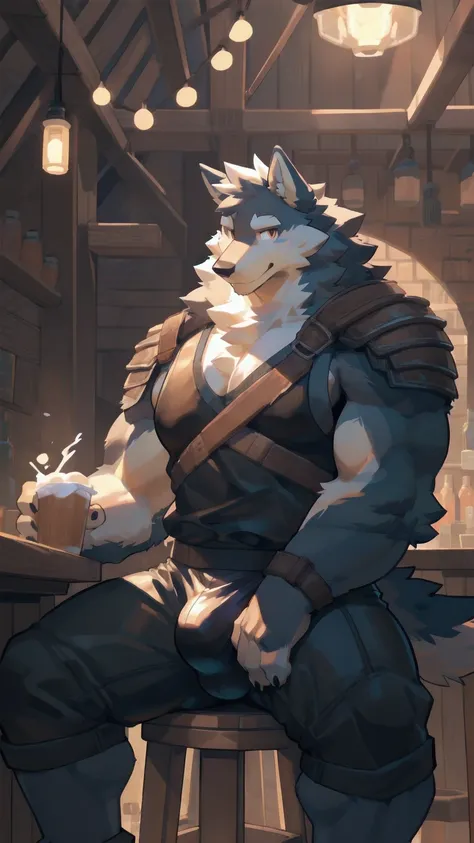 Solo, male, sitting at tavern, bulge, by bigcozyorca, by goonie-san, by bebebebebe, by spikedmauler, front view, big buff , wolf,  ebony black fur, black fur, bushy tail, buff, wearing brown fantasy leather armor, tall, masculine,  bulge, sexy, sexy expres...