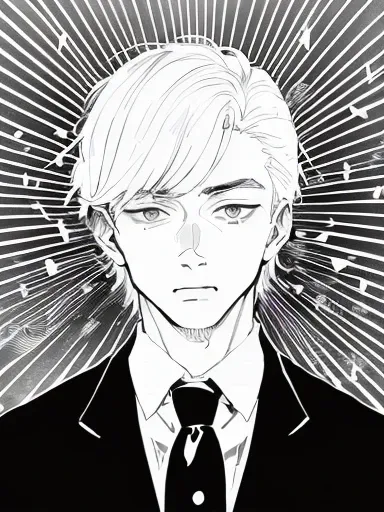 (((monochrome illustration with concentrated lines)))、(((young handsome man with shocked face))),