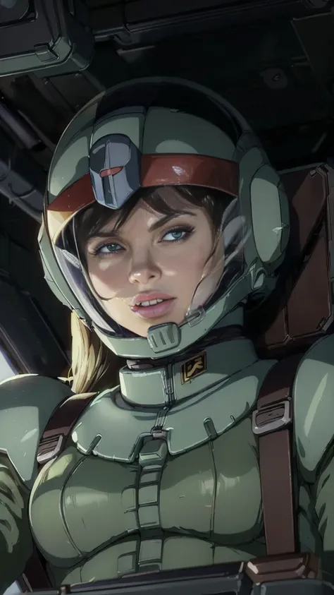 (((masterpiece,highest quality,In 8K,super detailed,High resolution,anime style,Absolutely))),Zeon female pilot sitting in the cockpit,(solo:1.5),(Angelina jolie:1.5),(((The background is the cockpit of a dark mobile suit.:1.5))),((blur background:1.5)),(W...