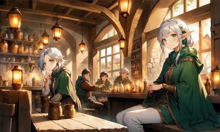 I will create a digital illustration of a beautiful elf sitting in a medieval tavern。Elves have silver hair、Has emerald eyes、Wearing a green cloak。There are other customers in the background.、Draw a cozy and warm scene。The lighting should be soft and golde...