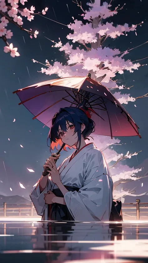 Rurouni Kenshin、Kaoru Kamiya、White kimono、One shoulder is bare、night、moon、cherry blossoms、Fantasy、Heavy Rain、Kyoto、Temple、少女は悲しげにmoonを見上げている、I&#39;m soaked by the rain
