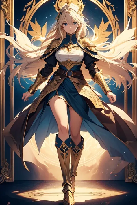 A full-body portrait of a young woman in anime style, with long, light blonde hair, framed by a white mantle adorned with golden details. She has intense blue eyes and wears a form-fitting blue armor with intricate engravings of leaves and flowers, and gol...