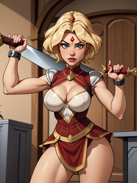 Make a young girl with short blonde hair, wearing an iron vest with low necklines, wearing chest armor with defined breasts, wearing a strappy skirt, thick thighs, an iron tiara on the forehead and wielding a sword, defined arms and shiny breasts 