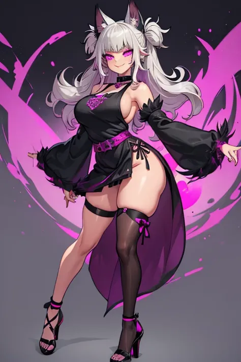 female, black long hair with magenta trim, silver eyes, wolf ears, wolf tail, (((1girl))), (((black and magenta toga dress))), (black detached sleeves), (black stockings), (black heels), (gold jewelry), cute and sexy, full body, large breasts, long legs, s...