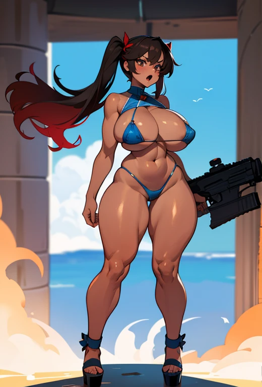 Young girl, Pullover, blue bikini, mini bikini, whole body to see, open mouth, angry, scream, pigtails hair , (( very wide hips)), (((colossal Thighs, gigantic thighs, very huge thighs, very big thighs))), fullbody, platform heels, tanned , brown skin, big...