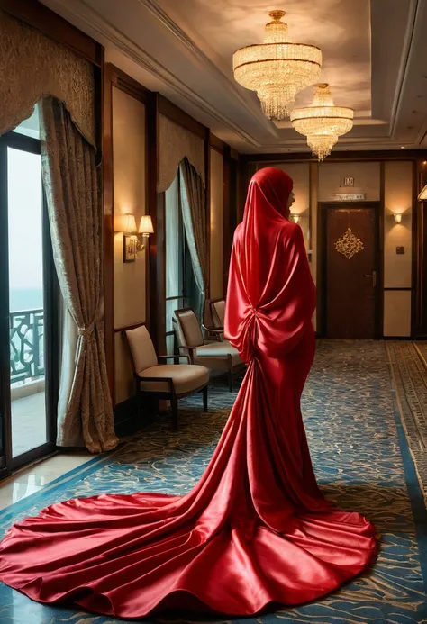 An alluring woman shrouded in a 4-meter-long, plush red satin cloth, tightly bound and grandly draping along the form of her body, flowing off into a pooled floor-length train, styled in a mermaid-inspired outfit, her head modestly veiled in a satin hijab,...