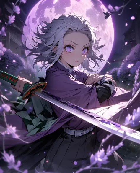 Ultra detailed, highres, absurdres, HDR, master piece,Muichiro, white hair, 6 eyes, violet haori, , Kimetsu No Yaiba, fantasy, half moon purple smoke from sword, girl grabbing a sword, solo, magic, shining purple fireflies, lavender moon, best quality, ext...