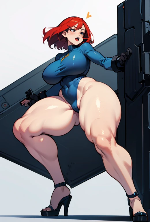 Young girl, Pullover, blue high cut leotard, whole body to see, open mouth, angry, scream, Bob hair , (( very wide hips)), (((colossal Thighs, gigantic thighs, very huge thighs, very big thighs))), fullbody, platform heels, pale skin, freckles, big breast,...