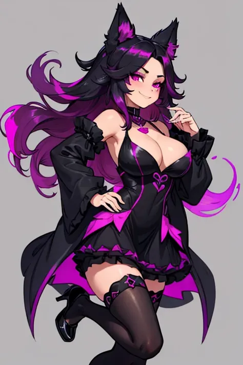 female, black long hair with magenta trim, silver eyes, wolf ears, wolf tail, (((1girl))), (((black and magenta dress))), (black detached sleeves), (black stockings), (black heels), (gold jewelry), cute and sexy, full body, large breasts, long legs, smilin...