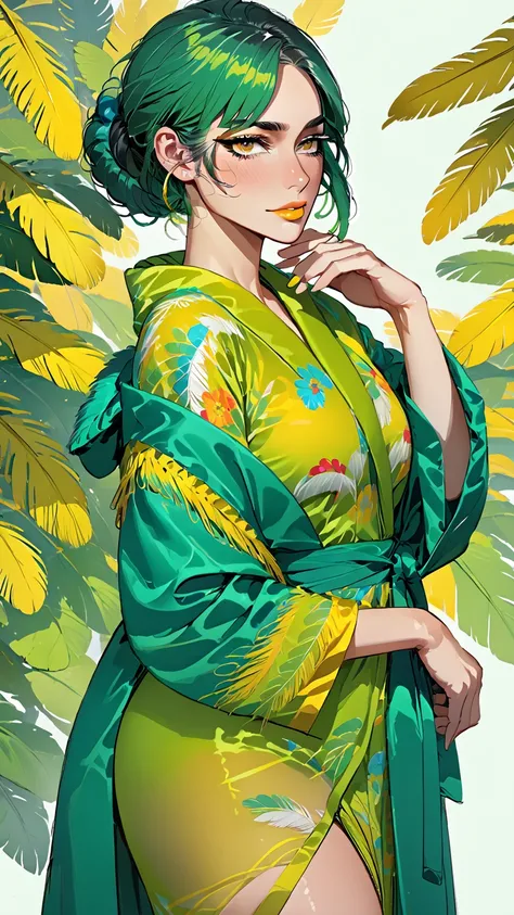 score_9, score_8_up, score_7_up, score_6_up, score_5_up, score_4_up, BREAK 1girl, ((muscular body:1)), intricate, (eyeliner:1.2), looking at viewer, green hair, yellow lipstick, detailed background,huge breasts (masterpiece, high quality:1), Duo (Duolingo)...