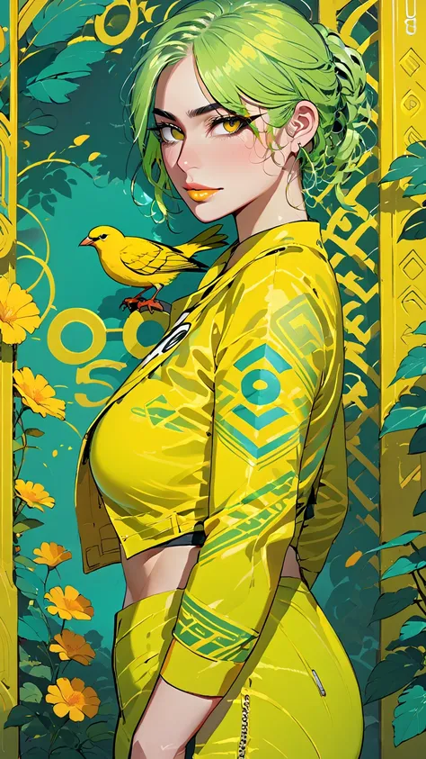 score_9, score_8_up, score_7_up, score_6_up, score_5_up, score_4_up, BREAK 1girl, ((muscular body:1)), intricate, (eyeliner:1.2), looking at viewer, green hair, yellow lipstick, detailed background,huge breasts (masterpiece, high quality:1), Duolingo bird 