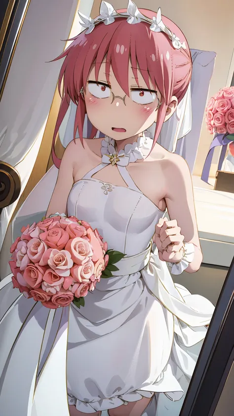 kobayashi, (bust size very very small.)),  (flat chest:1.2), posing embarrassed, wedding dress, pov, pov de frente, wedding bouq...