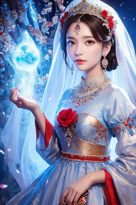 witch，Conservative clothing，Very beautiful headdress，blue，Wearing a blue, Red and white princess dress，Upper body close-up，Close-up photos，Jewelry，Scenery of Heaven and Earth，staff，Exquisite magic
