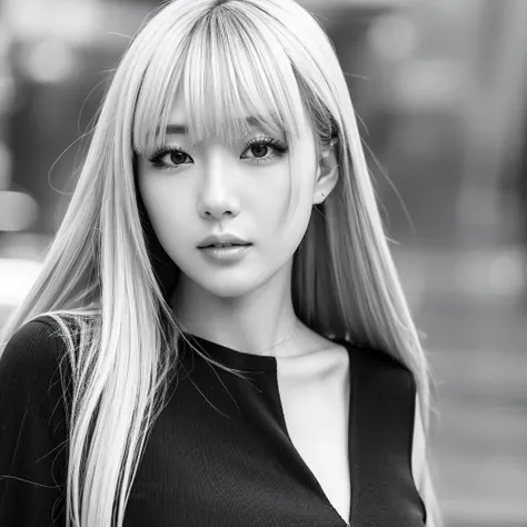 Japanese slanted eye long straight blonde hair with bangs black and white outfit dress beautiful face real beautiful pose straight forward  