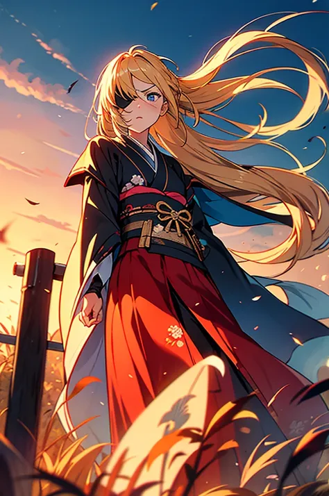 Youngh, Woman, long  hair, blondes, flying in the wind, blue colored eyes, right eye patch, serious look, kimono black, katana on the waist, feudal japanese village background