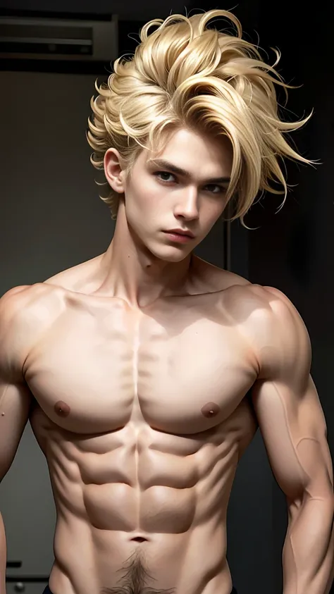 (best quality, masterpiece:1.2), blond hair, masculine, curly hair, spiky hair, tousled hair, attractive face features, 20 years old, slender and toned physique, slightly longer wolf cut, hair styled with wax