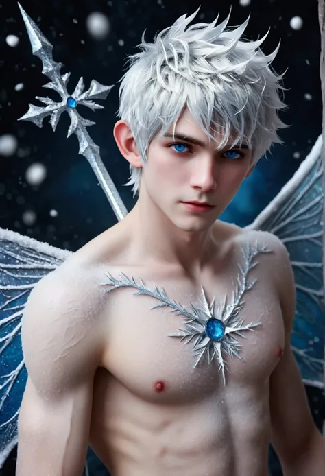 (Jack Frost: 1.6), full full body shots  photorealistiic young man, fairy prince , 18 years old, milk white skin, blue eyes, white hair, shirtless, 6-pax abs, (full body shot), young boy, 18 years old, beutiful, perfect, milk white skin, slim body, very de...