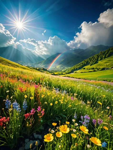 (from below, the sky above, open fields below), blue sky, white clouds, sun, sunlight, fields, mountains, meadows, flowers, wind, (dynamic composition: 1.4), rich detail, rich in color, (rainbow colors: 1.2), (luminous, atmospheric lighting), dreamy, magic...