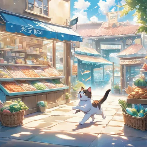 A cat running away from a fish shop with a big bonito in its arms