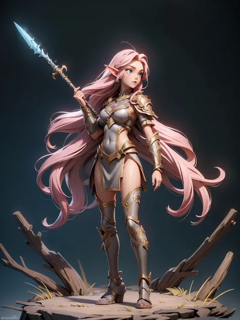 (((masterpiece, best quality, high detailed, 16k))) (1girl) A captivating  elven warrior with long, flowing pink hair, her eyes sparkling with determination and grace. She wears a unique armor crafted from animal pelts, blending seamlessly with the natural...