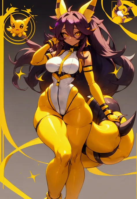 make me the character renamon from digimon but in a human version of this same one make it have details or characteristics of renamon such as its ears and tail and also make a full body image make it have nice and firm breasts and a light skin tone too Mak...