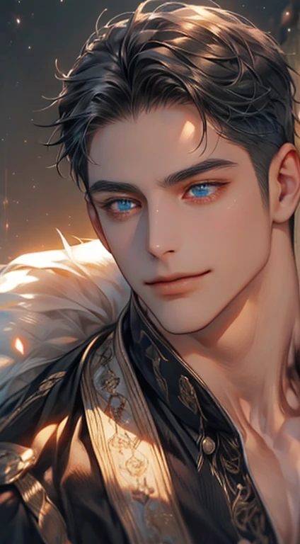 (best quality,4k,8k,highres,masterpiece:1.2),ultra-detailed,(realistic,photorealistic,photo-realistic:1.37),1 man,31 years old,mature man,very handsome,without expression,smile,short grey black hair,blue eyes,penetrating gaze,perfect face without errors,im...