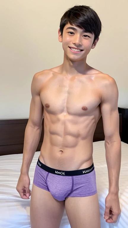 Japanese men、13 years old、Muscles and smooth skin、Very short black hair、A relaxed and friendly smile、Light purple boxer briefs、The whole body is well visible、