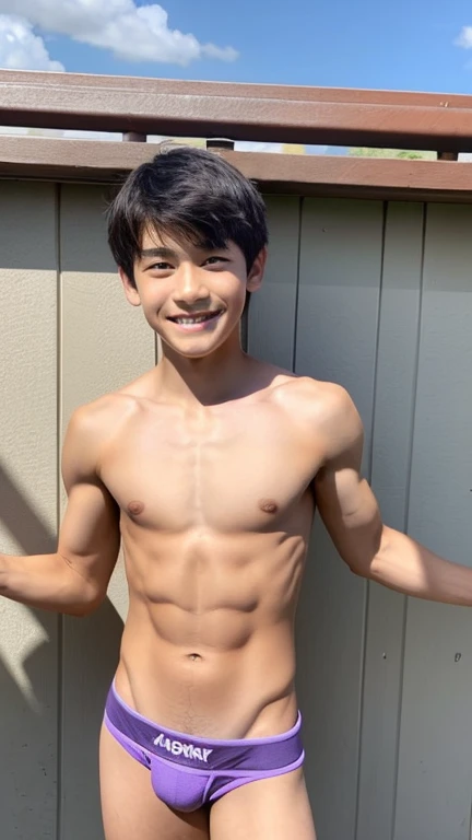 Japanese men、13 years old、Muscles and smooth skin、Very short black hair、A relaxed and friendly smile、Light purple boxer briefs、The whole body is well visible、