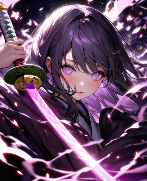 Ultra detailed, highres, absurdres, HDR, master piece,Kanae, dark purple hair, purple eyes, violet haori, , Kimetsu No Yaiba, fantasy, half moon pink smoke from sword, girl grabbing a sword, solo, magic, shining purple fireflies, lavender moon, best qualit...