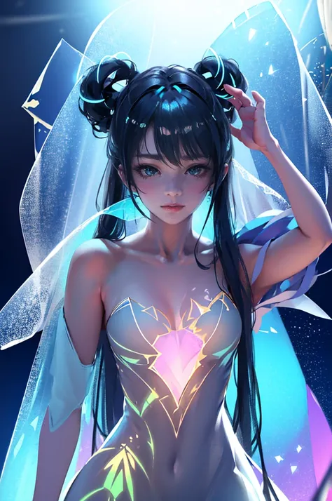 (Holographic Art:1.2)、masterpiece、Highest quality、whole body、One Girl (((Glass-like translucent and reflective dress))) 、Neon color background、Halation，Surreal、High resolution、detailed、Soft Focus、Delicate facial features、Perfect Eyes、Sharp pupils、Written b...