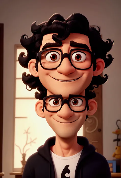 Cartoon character of a man with black glasses curly hair 