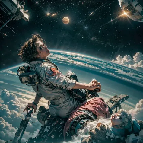 he astronaut walks in the sea of flowers dotted with pink clouds，the astronaut who is alone，the astronaut cannot leave this plan...