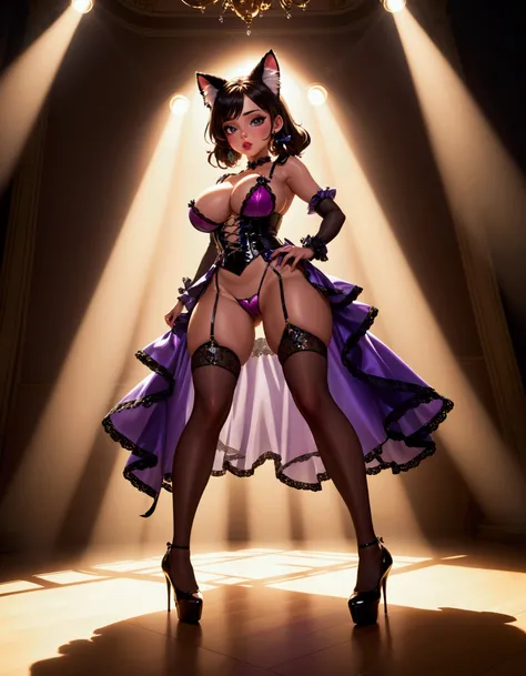 A gorgeous woman with colossal breasts wearing a stripper outfit, dancing on stage, viewed from a low angle, 1girl, cat ears, detailed facial features, detailed body, high heels, dynamic pose, dramatic lighting, cinematic composition, photorealistic, vibra...