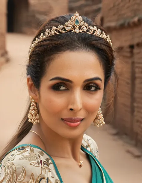 malaikaarora,portrait, city,close up of a elderly buxom (girl:1.2) , tiara, near gwalior fort, deep focus, l usm, cinecolor, 8k,...