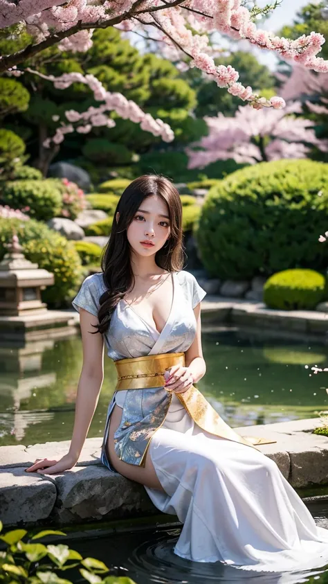 Depict Janna in her Sacred Sword skin from League of Legends by Riot Games, wearing an elegant, samurai-inspired outfit with flowing fabrics and a mystical sword, have massive k-cups, in a tranquil, Japanese garden with cherry blossoms and serene ponds.