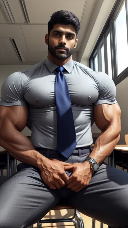 40 years old handsome hunk indian teacher with small beard mascular dark skin jaat with spiky hairstyle, head to thighs, indian school boy, beautiful eyes, large lips, volumeric light, wearing front opened shirt with perfect bulge is coming out from grey t...